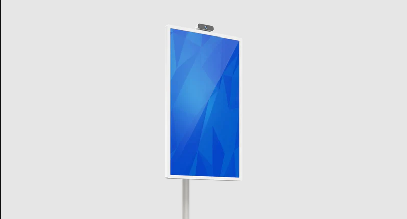 A slim free-standing self-service kiosk with a portrait touchscreen